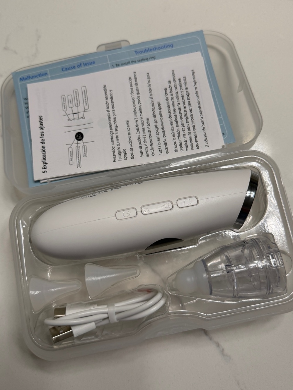 White Handheld Facial Pore Vacuum with USB Cord